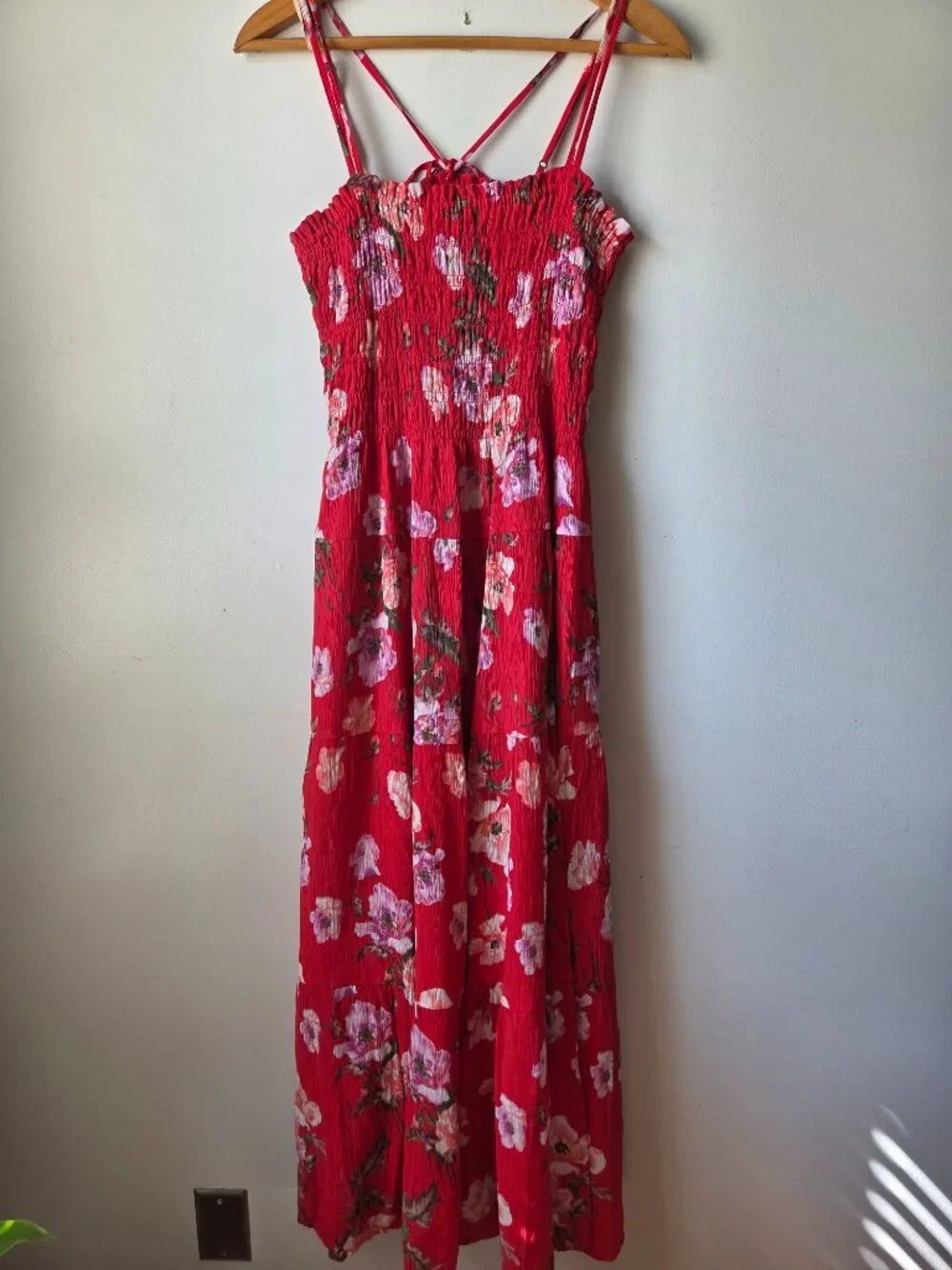 NWT ABERCROMBIE & FITCH RED FLORAL SMOCKED TANK MAXI DRESS SIZE L